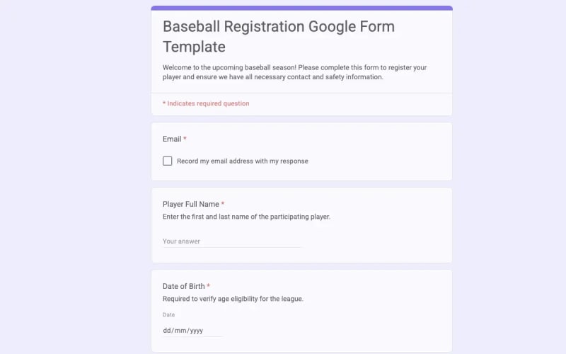 Preview of Baseball Registration Google Form Template