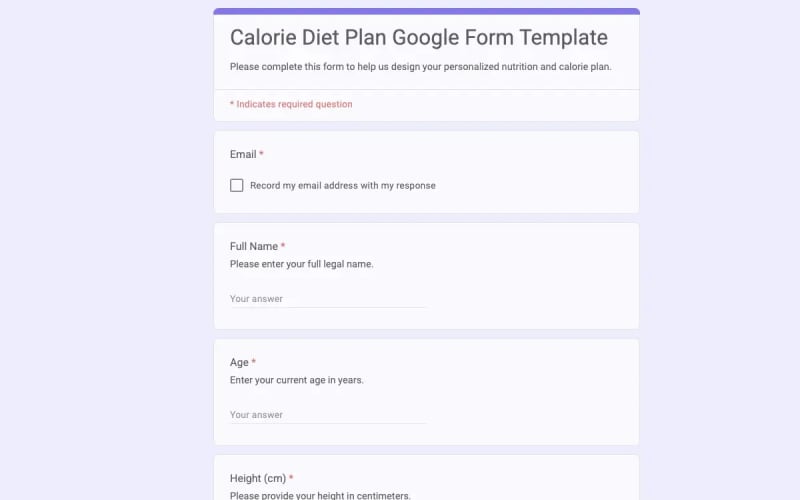 Preview of Calorie Diet Plan Google Form Template