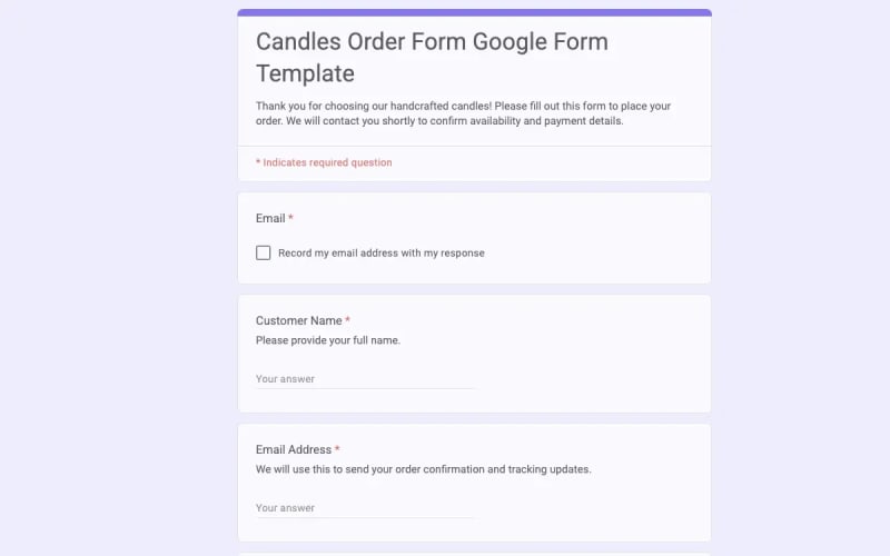 Preview of Candles Order Form Google Form Template