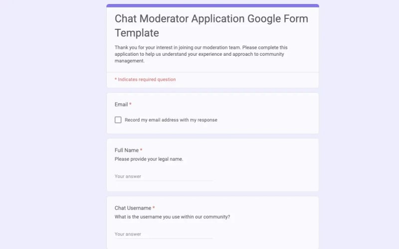 Preview of Chat Moderator Application Google Form Template