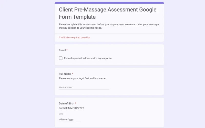 Preview of Client Pre-Massage Assessment Google Form Template
