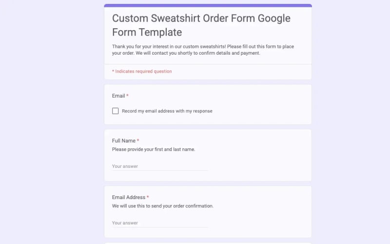 Preview of Custom Sweatshirt Order Form Google Form Template