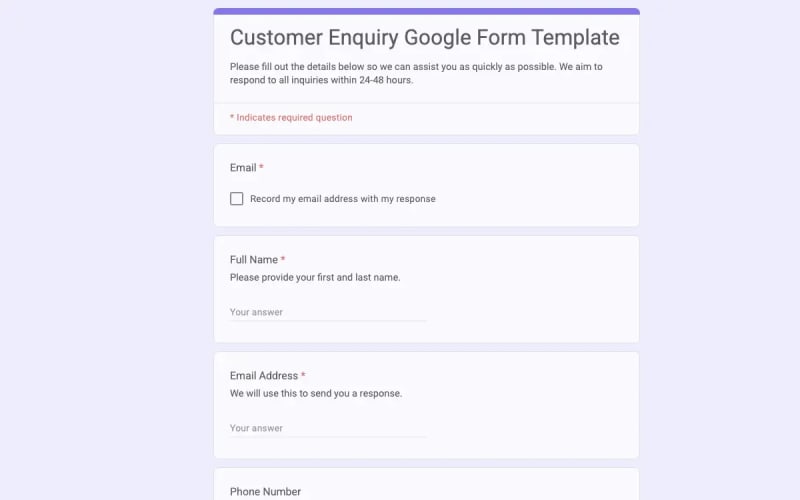 Preview of Customer Enquiry Google Form Template