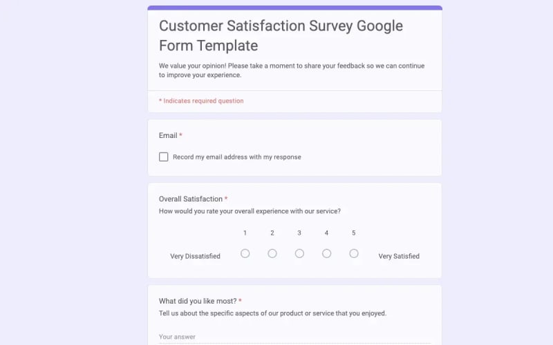 Preview of Customer Satisfaction Survey Google Form Template