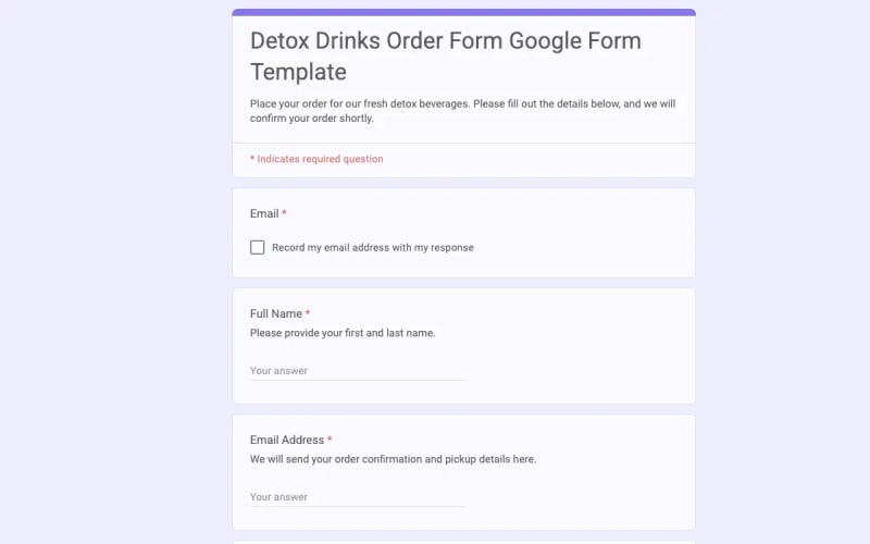 Preview of Detox Drinks Order Form Google Form Template