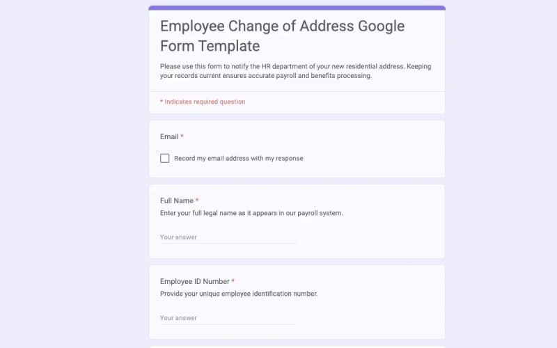 Preview of Employee Change of Address Google Form Template