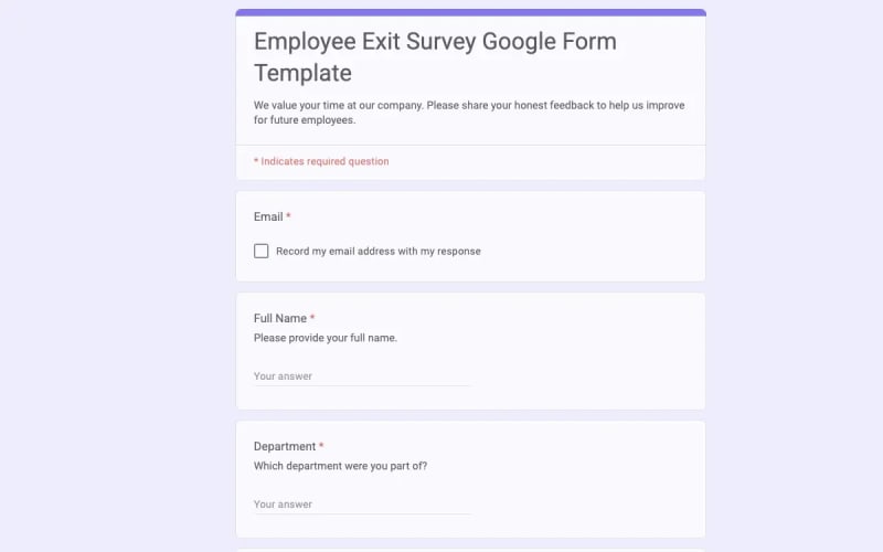 Preview of Employee Exit Survey Google Form Template