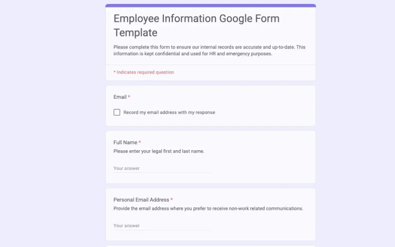 Preview of Employee Information Google Form Template