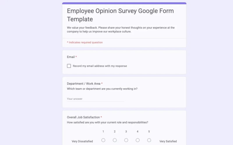 Preview of Employee Opinion Survey Google Form Template