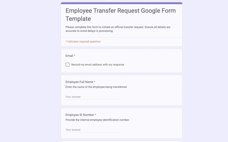 Preview of Employee Transfer Request Google Form Template