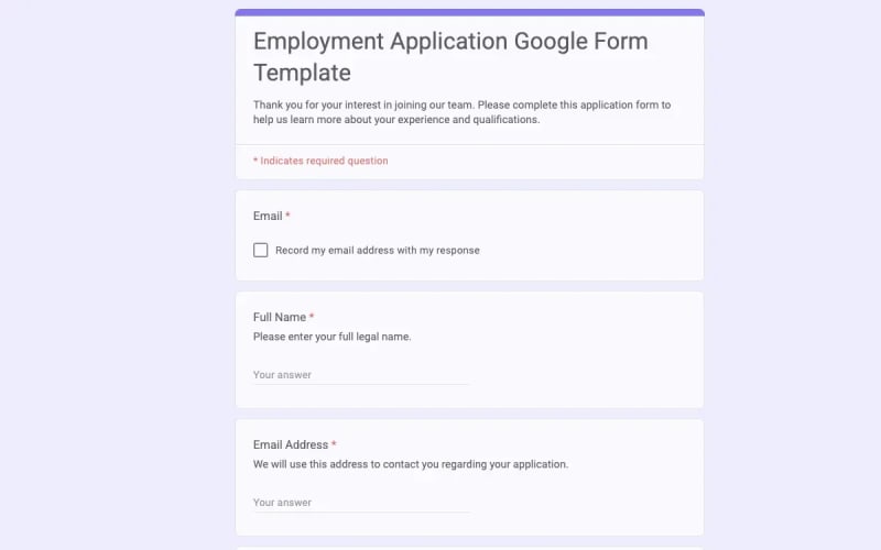 Preview of Employment Application Google Form Template