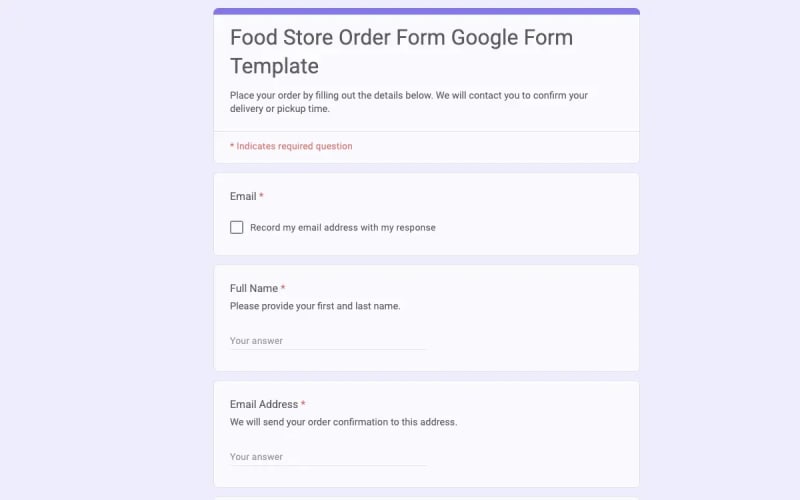 Preview of Food Store Order Form Google Form Template