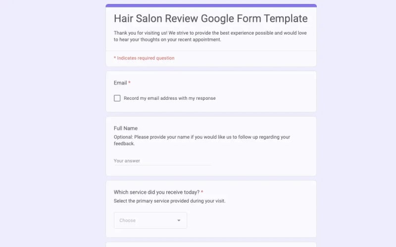 Preview of Hair Salon Review Google Form Template