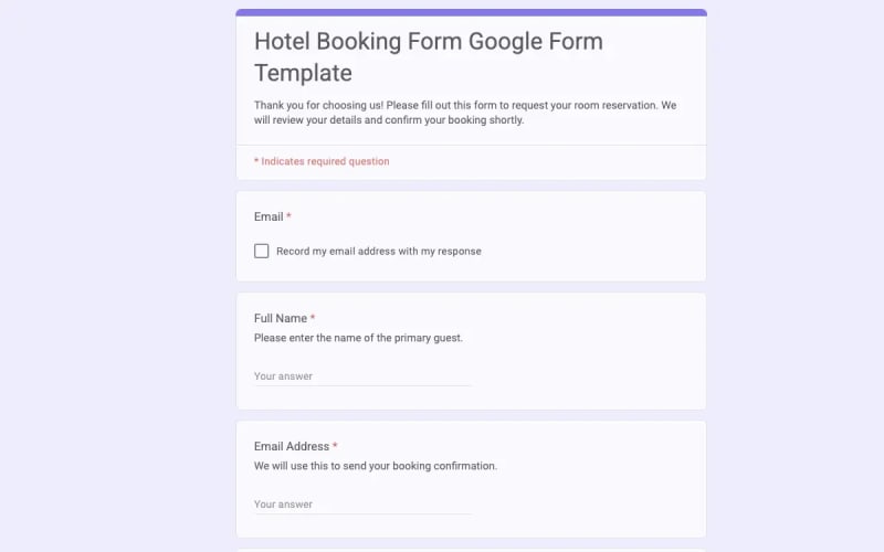 Preview of Hotel Booking Form Google Form Template