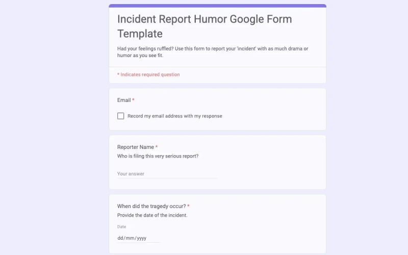Preview of Incident Report Humor Google Form Template