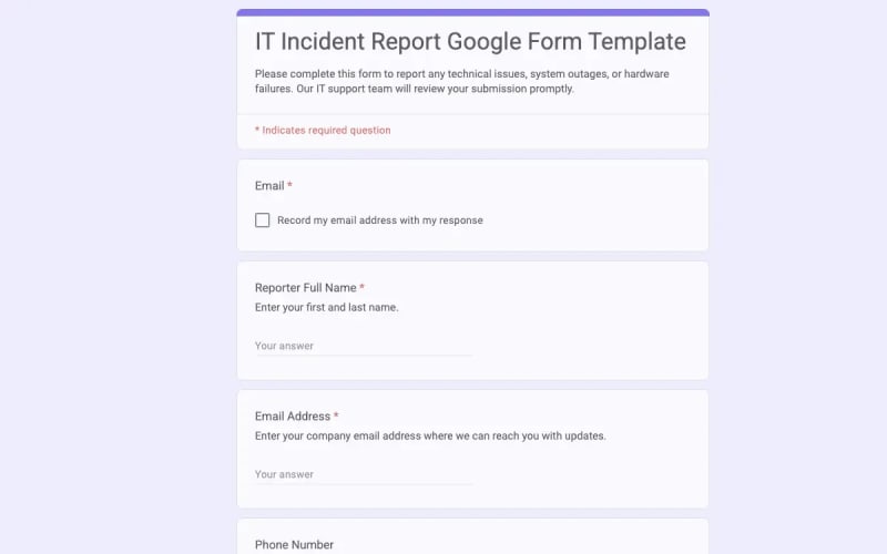 Preview of IT Incident Report Google Form Template