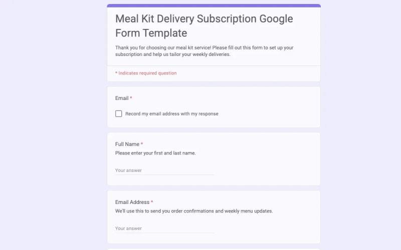 Preview of Meal Kit Delivery Subscription Google Form Template