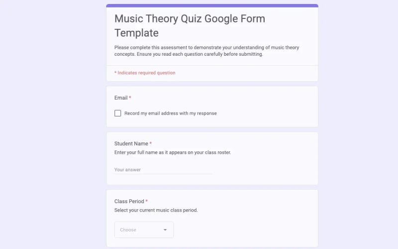 Preview of Music Theory Quiz Google Form Template