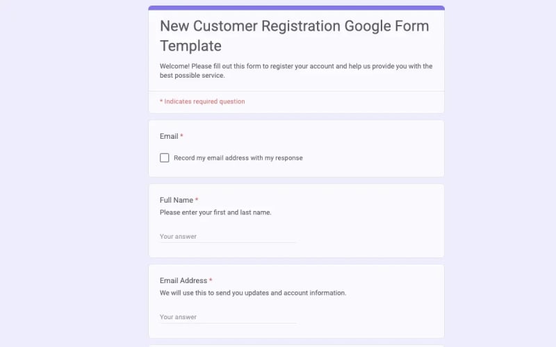 Preview of New Customer Registration Google Form Template