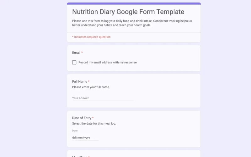 Preview of Nutrition Diary Google Form Template