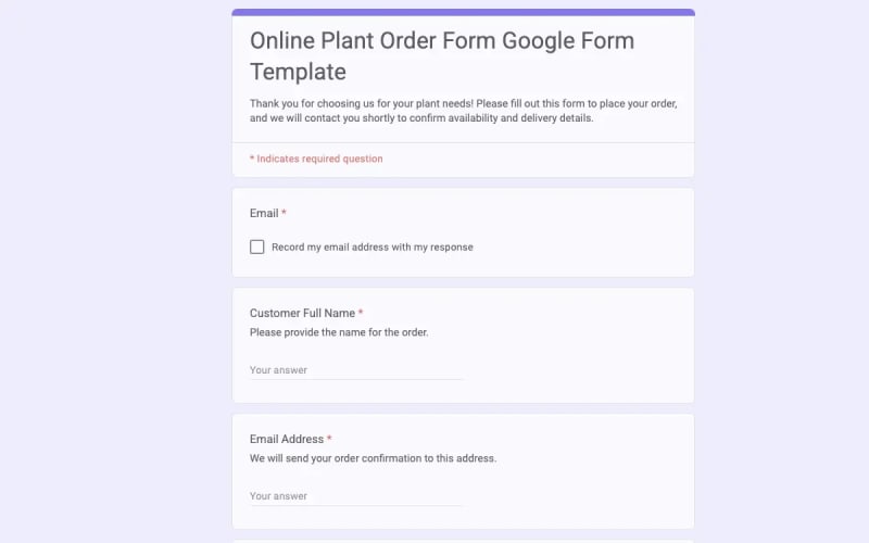 Preview of Online Plant Order Form Google Form Template