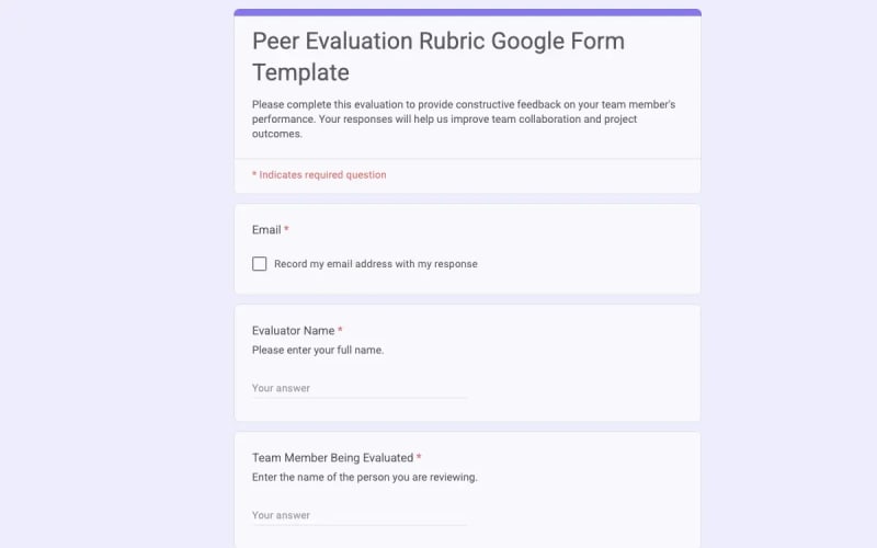 Preview of Peer Evaluation Rubric Google Form Template