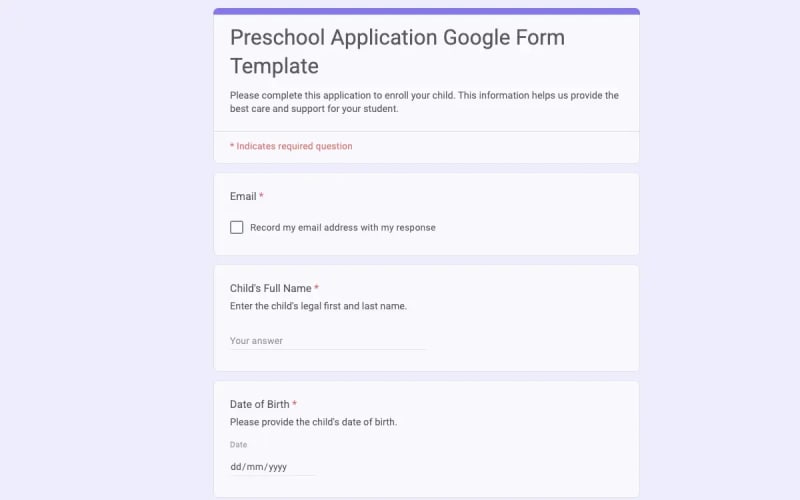 Preview of Preschool Application Google Form Template