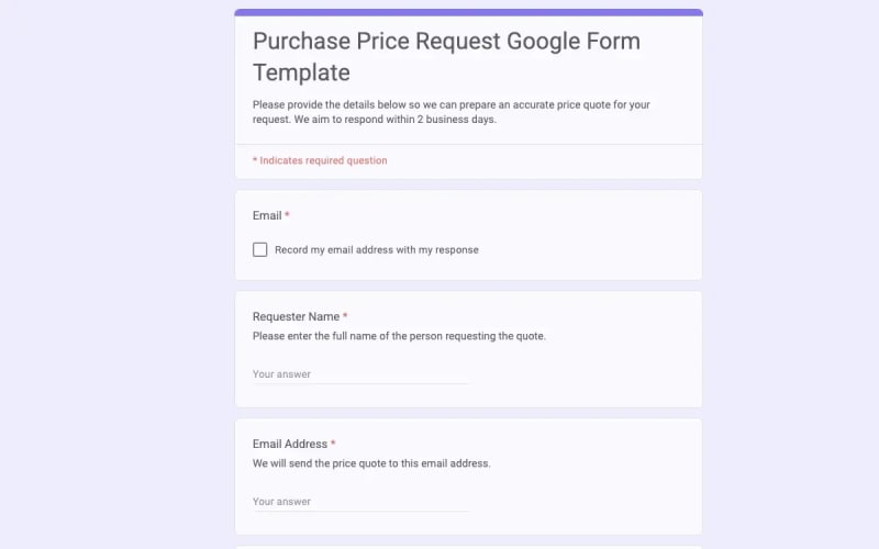 Preview of Purchase Price Request Google Form Template