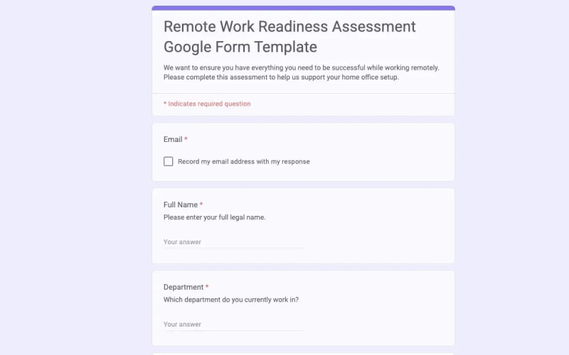 Preview of Remote Work Readiness Assessment Google Form Template