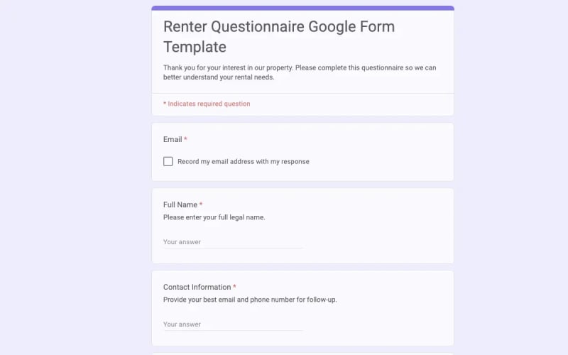 Preview of Renter Questionnaire Google Form Template