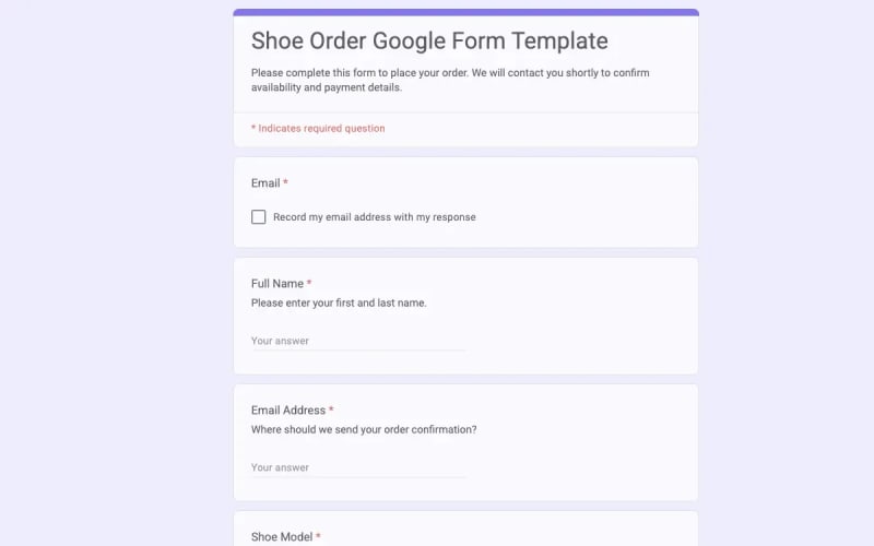 Preview of Shoe Order Google Form Template