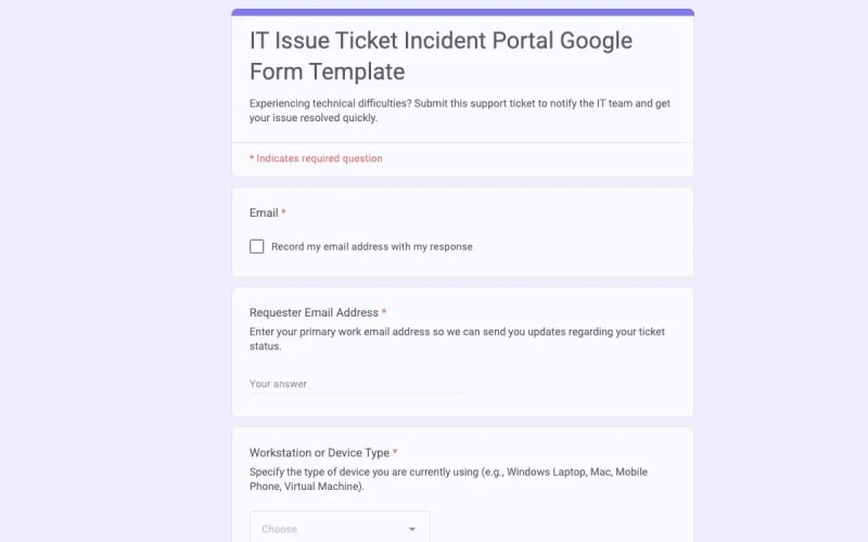 Preview of IT Issue Ticket Incident Portal Google Form Template