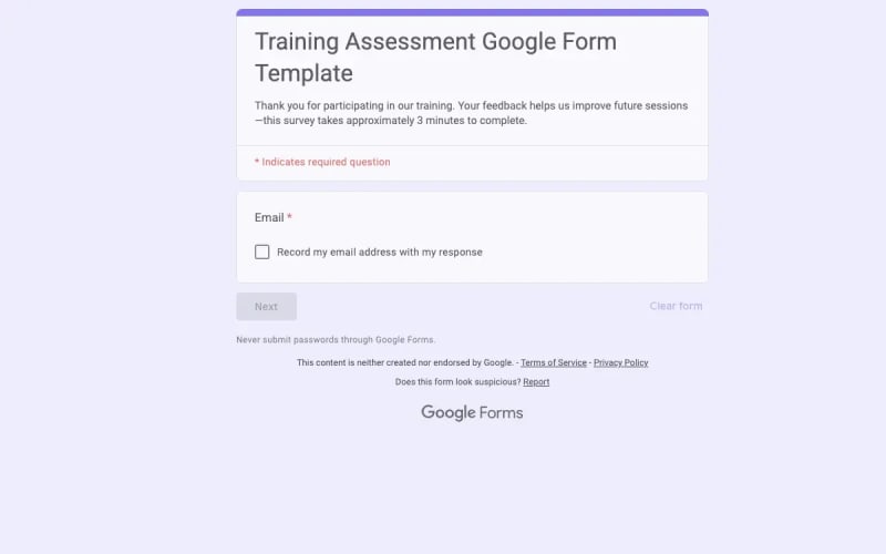 Preview of Training Assessment Google Form Template