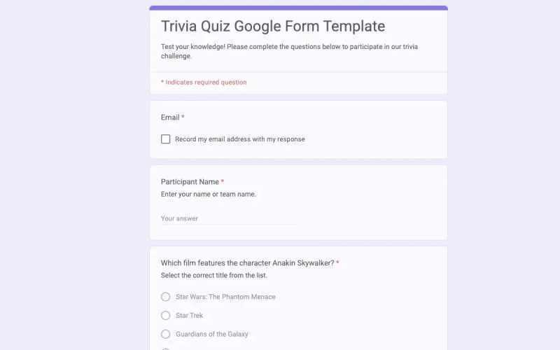 Preview of Trivia Quiz Google Form Template