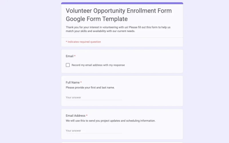Preview of Volunteer Opportunity Enrollment Form Google Form Template