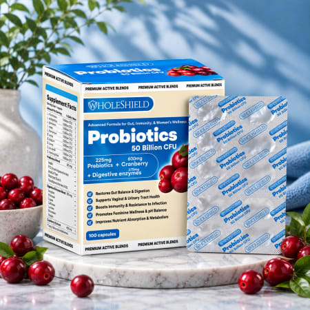 Wholeshield PROBIOTICS+ - 50 billion CFU of 10 strains Probiotics + 6 Prebiotics 225mg+ Digestive Enzymes 375mg + Cranberry 600mg Blister pack 10 X 10 capsules