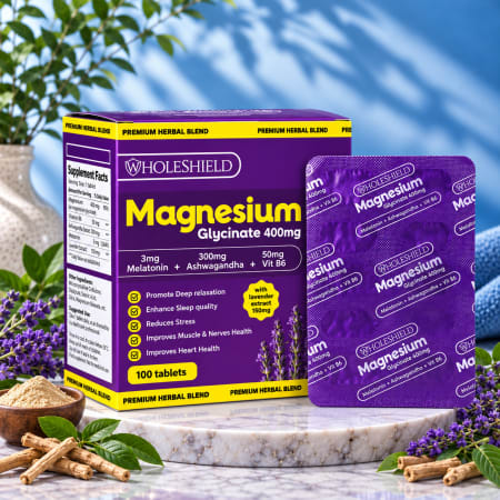Wholeshield MAGNESIUM GLYCINATE+ - magnesium glycinate 400mg + ashwagandha 300mg + melatonin 3mg + vitamin B6 50mg + lavender 150mg. Blister pack 10 x 10 tablets
