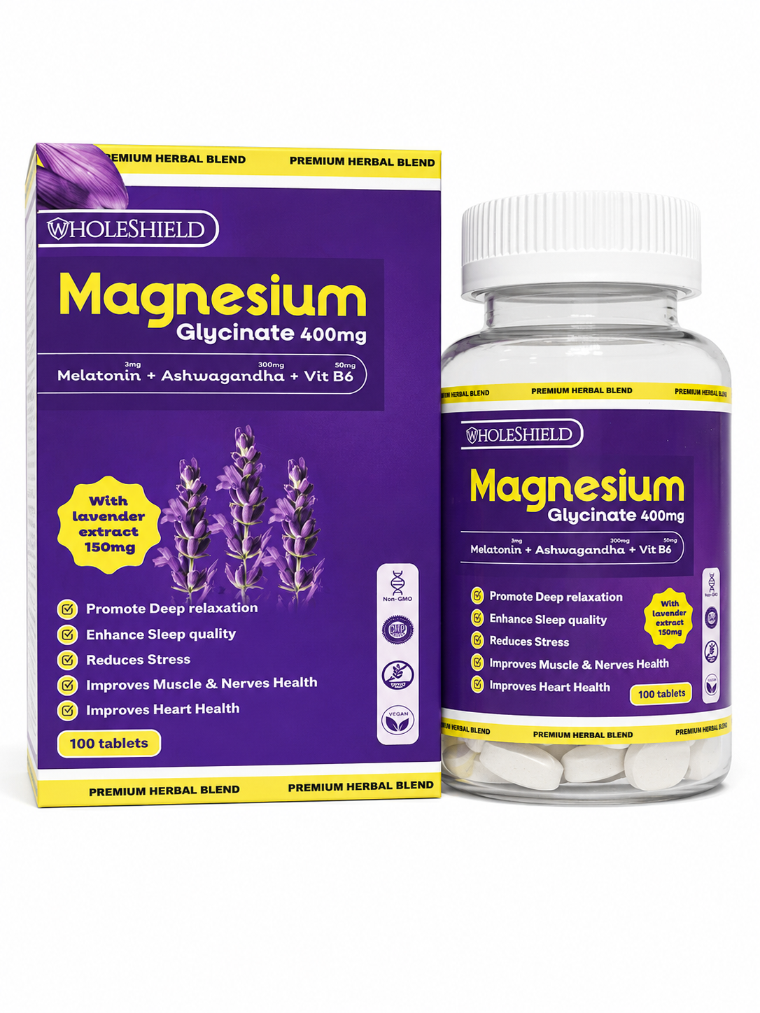 WHOLESHIELD MAGNESIUM GLYCINATE+ - Magnesium glycinate 400mg + Ashwagandha 300mg + Melatonin 3mg + Vitamin B6 50mg + Lavender extract 150mg