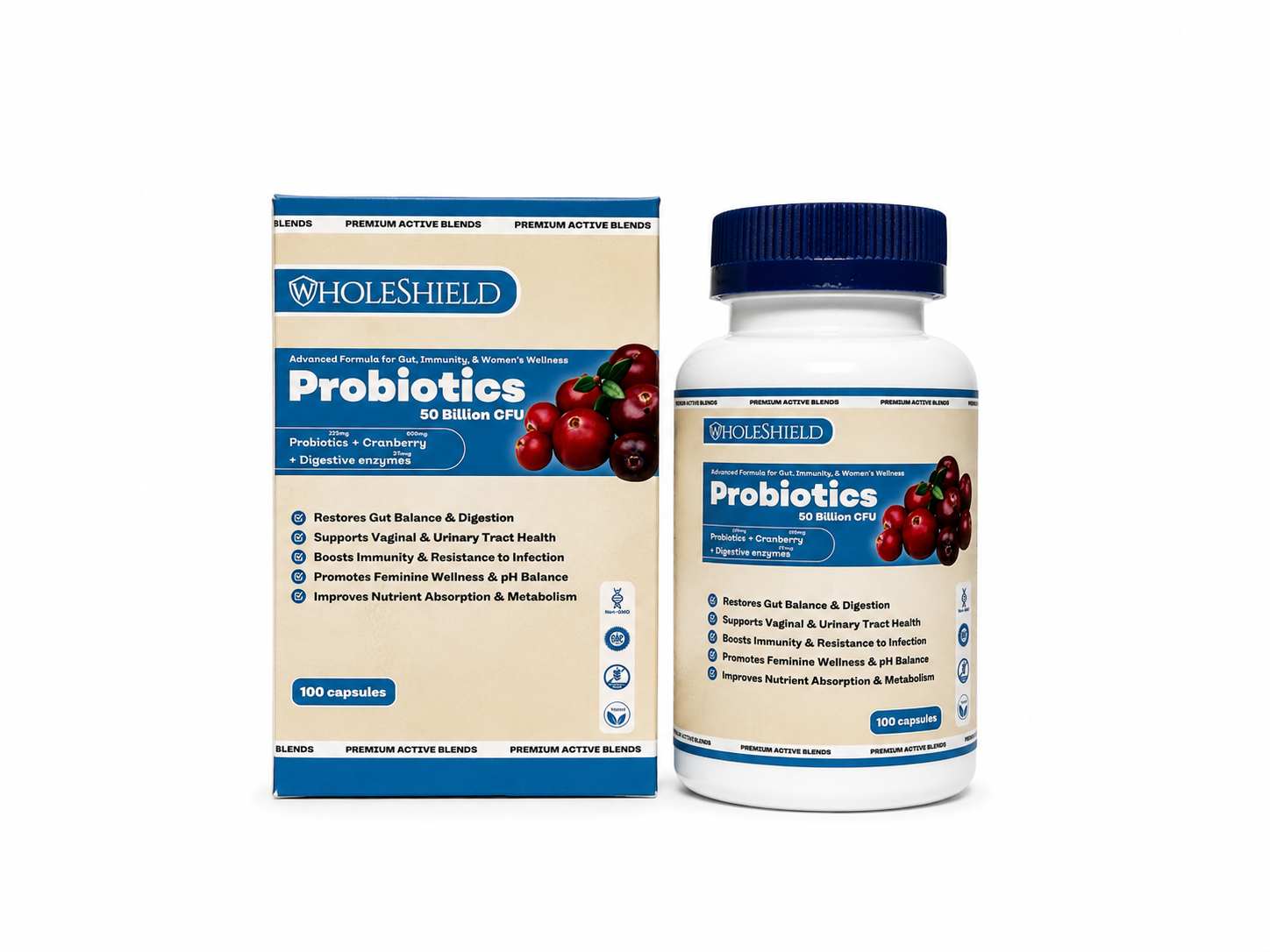 WHOLESHIELD PROBIOTICS+ - 50 Billion CFU of 10 strains Probiotics + 6 Prebiotics 225mg + Digestive Enzymes 375mg + Cranberry 600mg