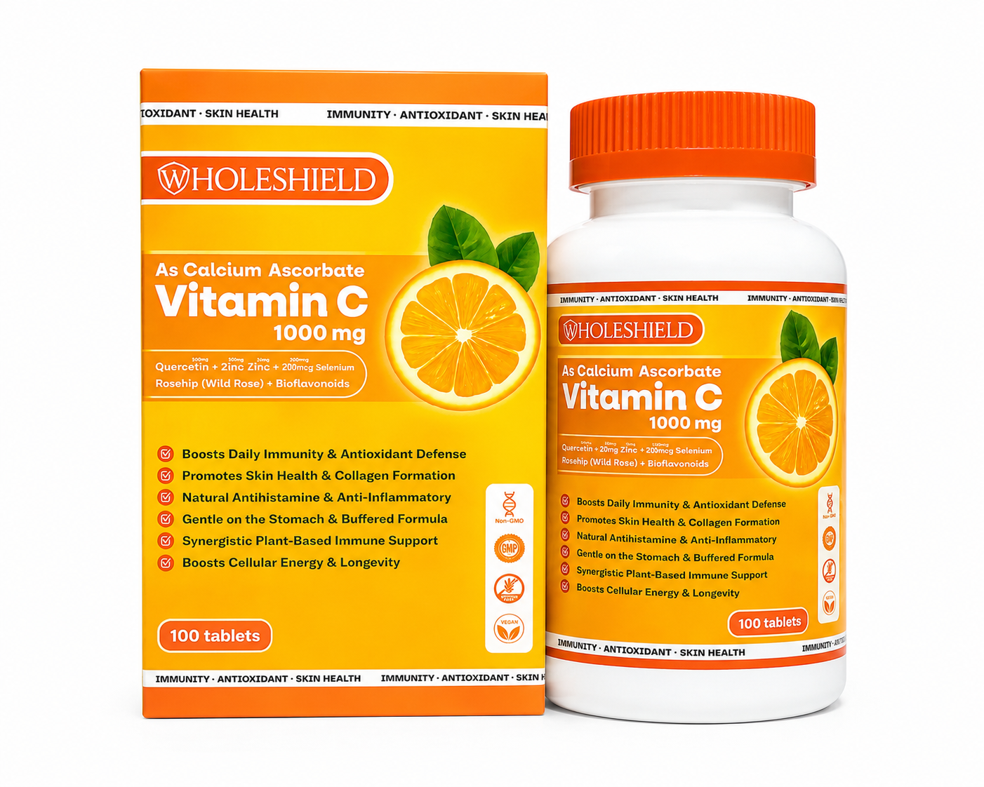 WHOLESHIELD VITAMIN C+ - Vitamin C (Calcium ascorbate) 1000mg + Quercetin 500mg + Selenium 200mcg + Zinc 50mg + Rosehip 500mg + Bioflavonoids 200mg