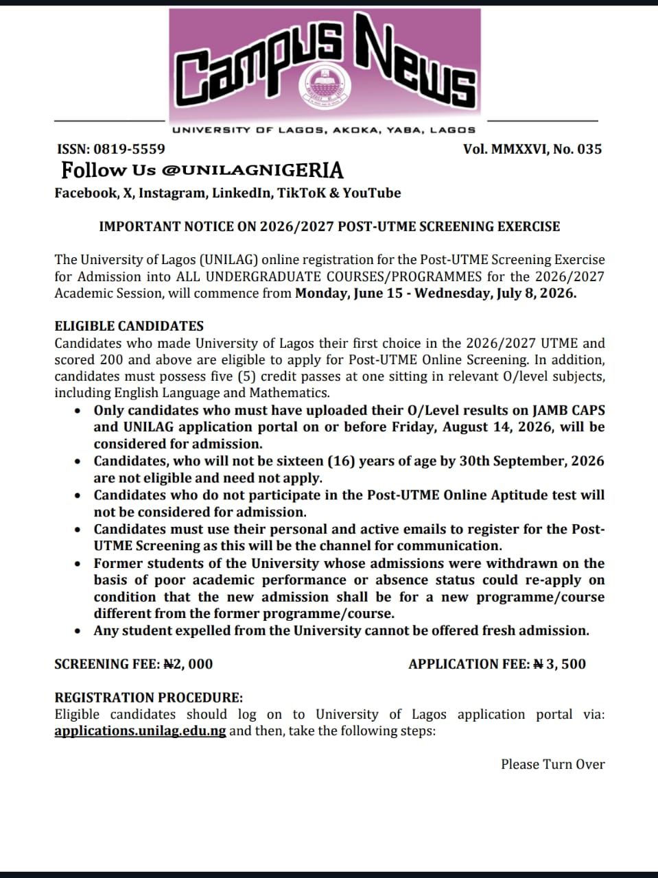 UNILAG Releases 2026/2027 Post-UTME Form — Everything You Need to Know