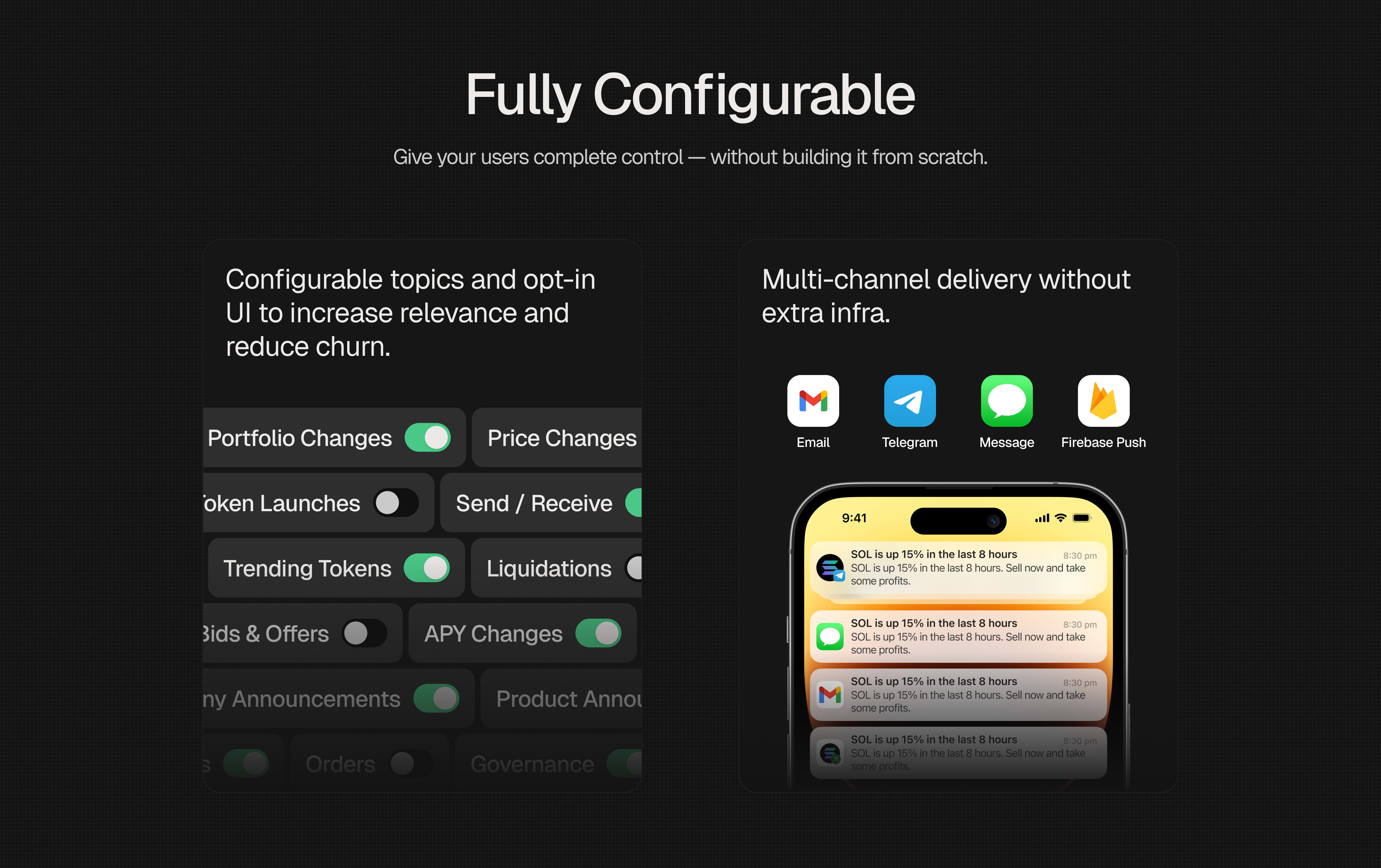 Dialect notification inbox showing configurable topics, channels, and subscribers