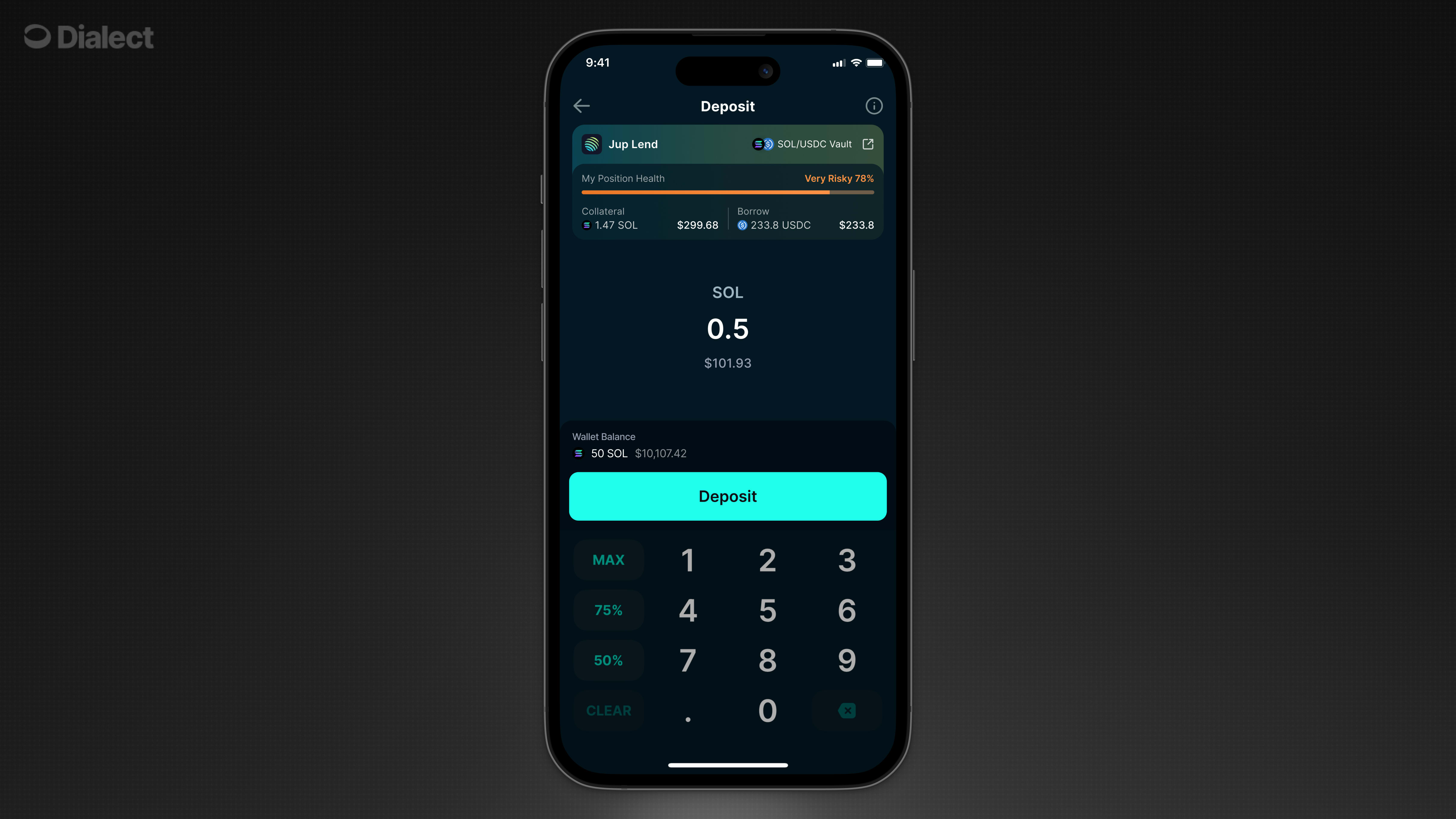 Full deposit screen example showing position details and deposit interface