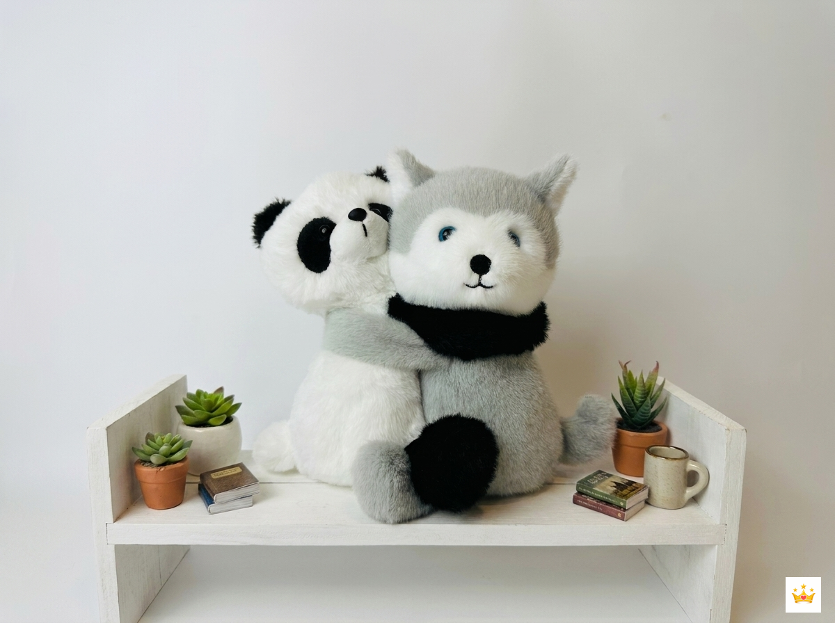 20cm Panda & Husky Hugging Plush Real Images