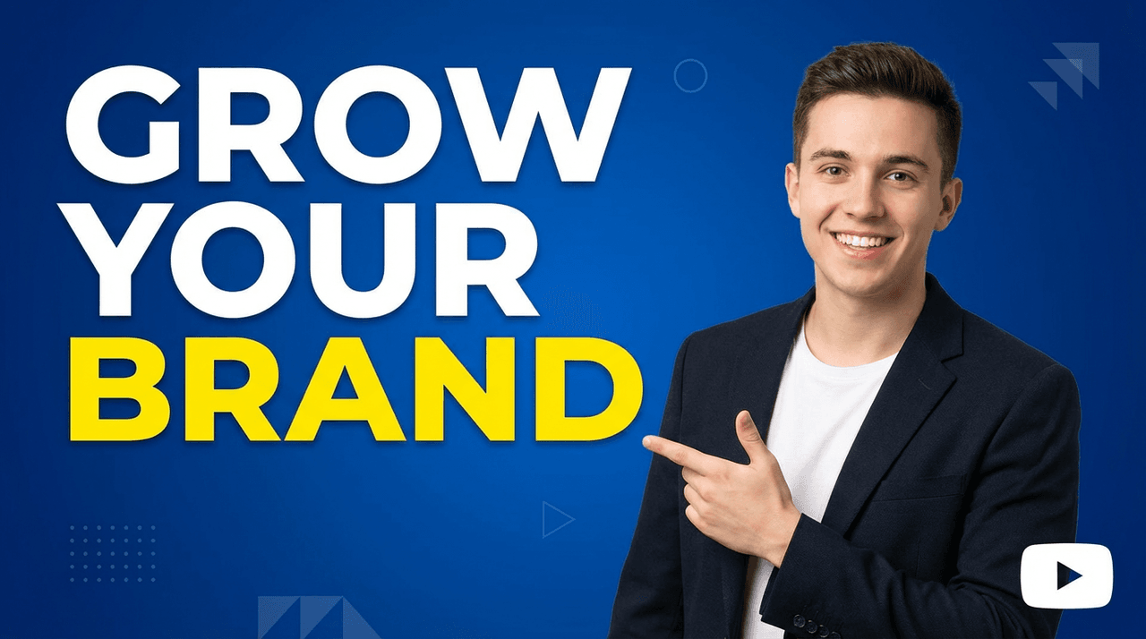 Young man in suit pointing at 'GROW YOUR BRAND' text on blue background - YouTube thumbnail 2025