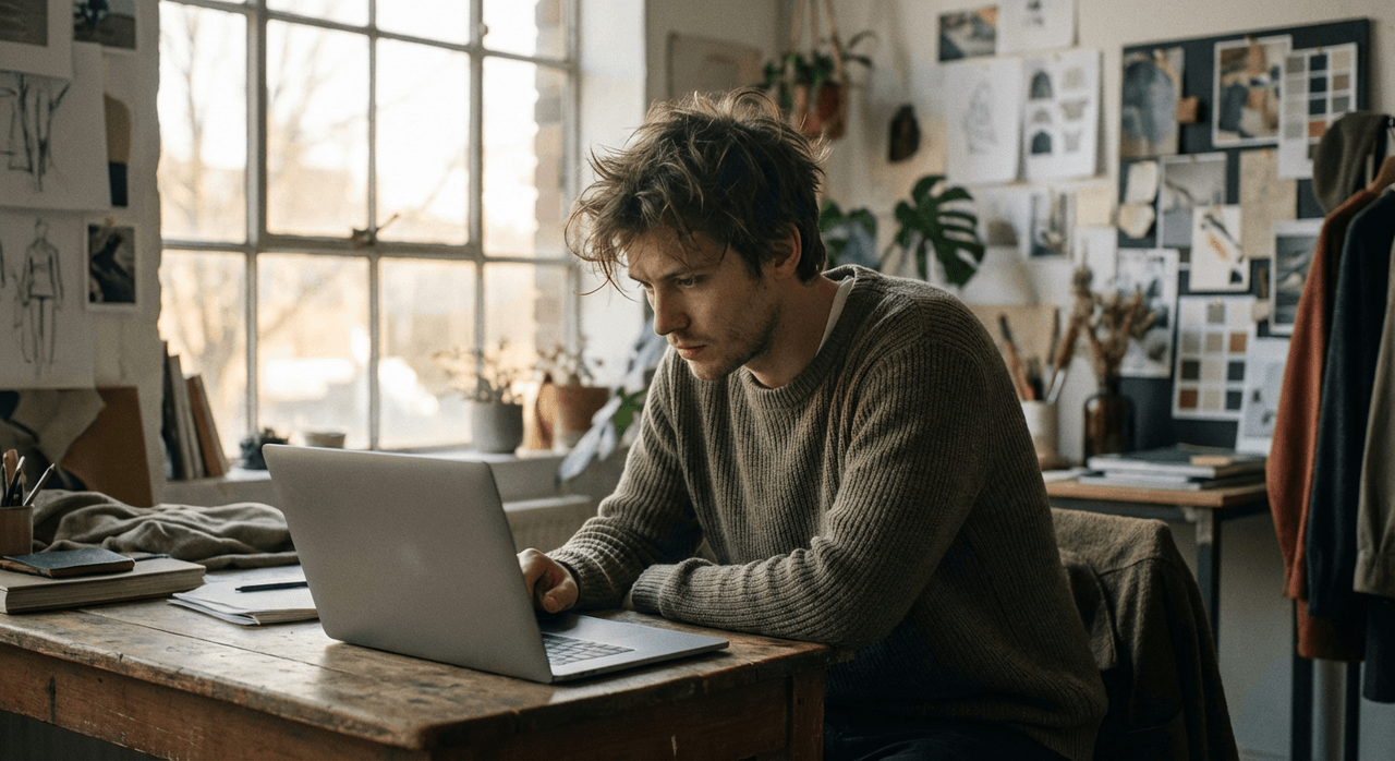 Focused male creator working on laptop in cozy creative studio with mood boards and plants, 2025