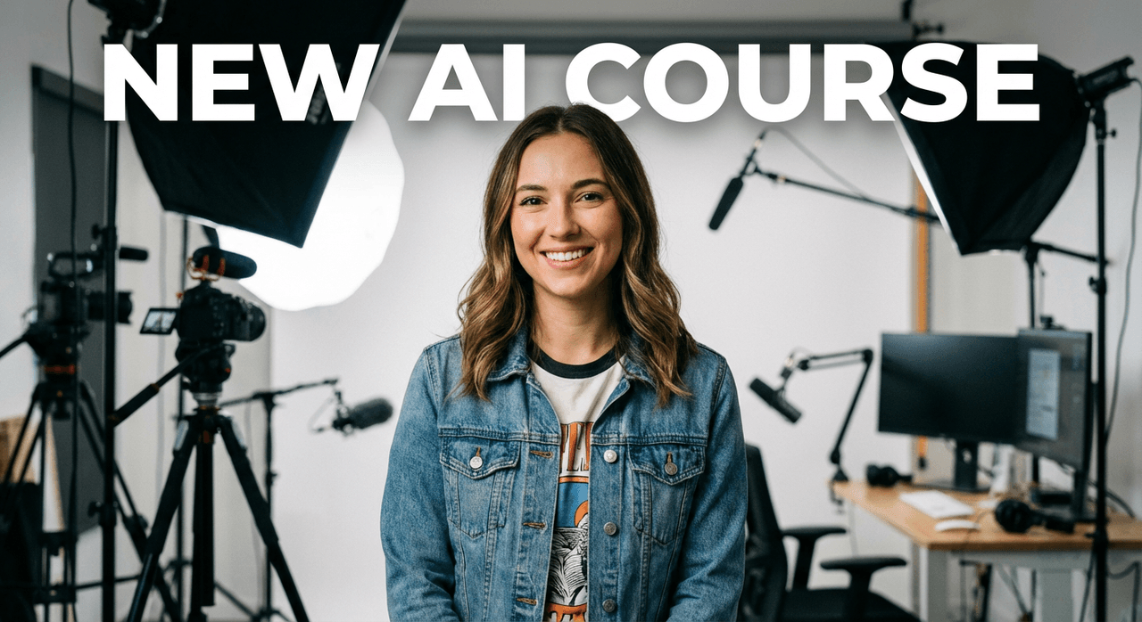 Smiling female instructor in professional studio announcing 'NEW AI COURSE' with cameras and lights