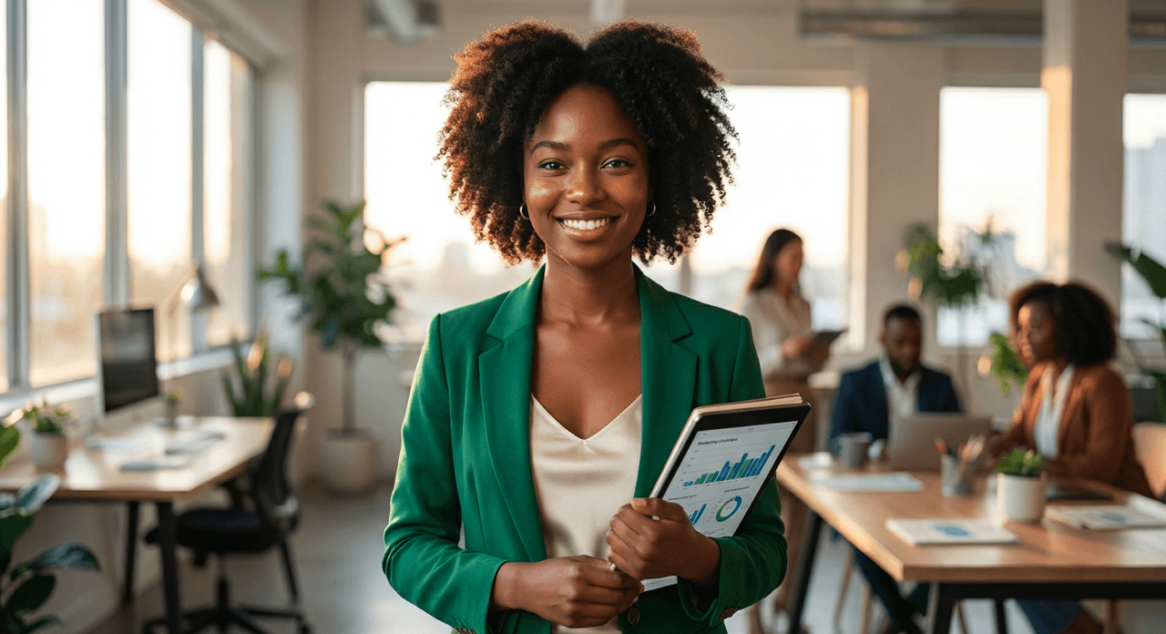 Confident Black businesswoman in emerald green blazer holding tablet with charts, modern open-plan office background.