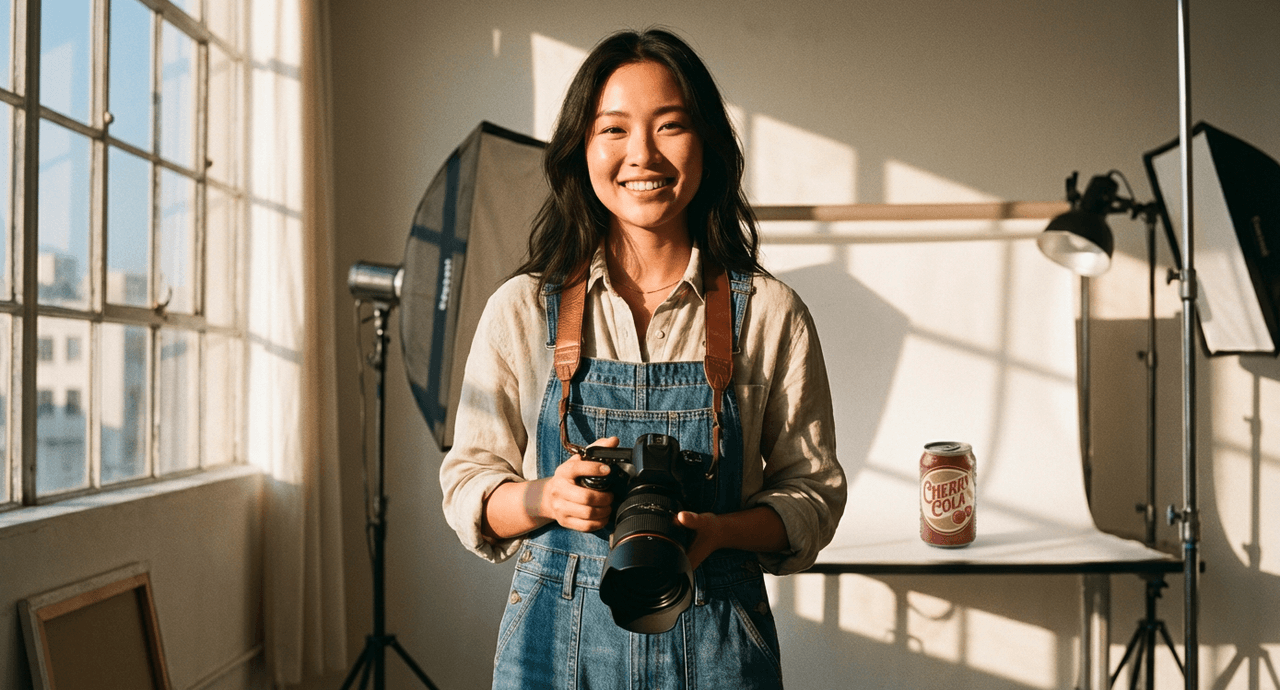 Smiling Asian female photographer in denim overalls holding camera in bright natural-light studio with Cherry Cola can.