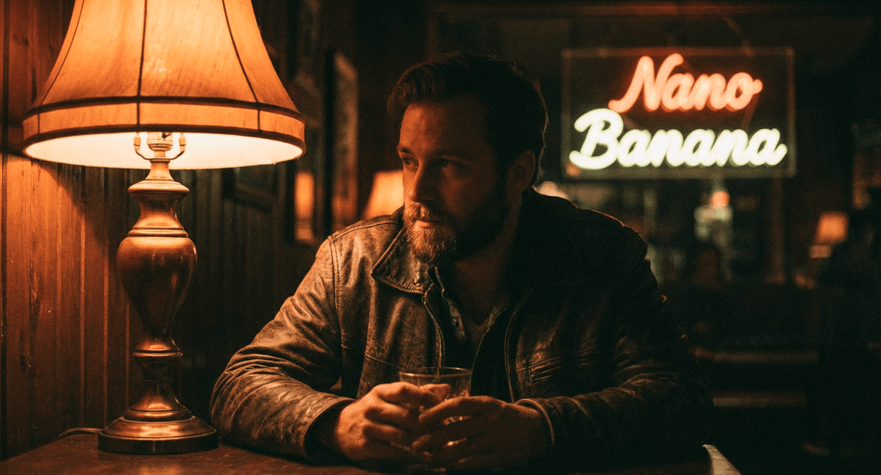 Moody cinematic night scene of a bearded man in leather jacket and denim shearling holding a cardboard "NANO BANANA" sign on a rainy cobblestone street, neon "OPEN" sign glowing.